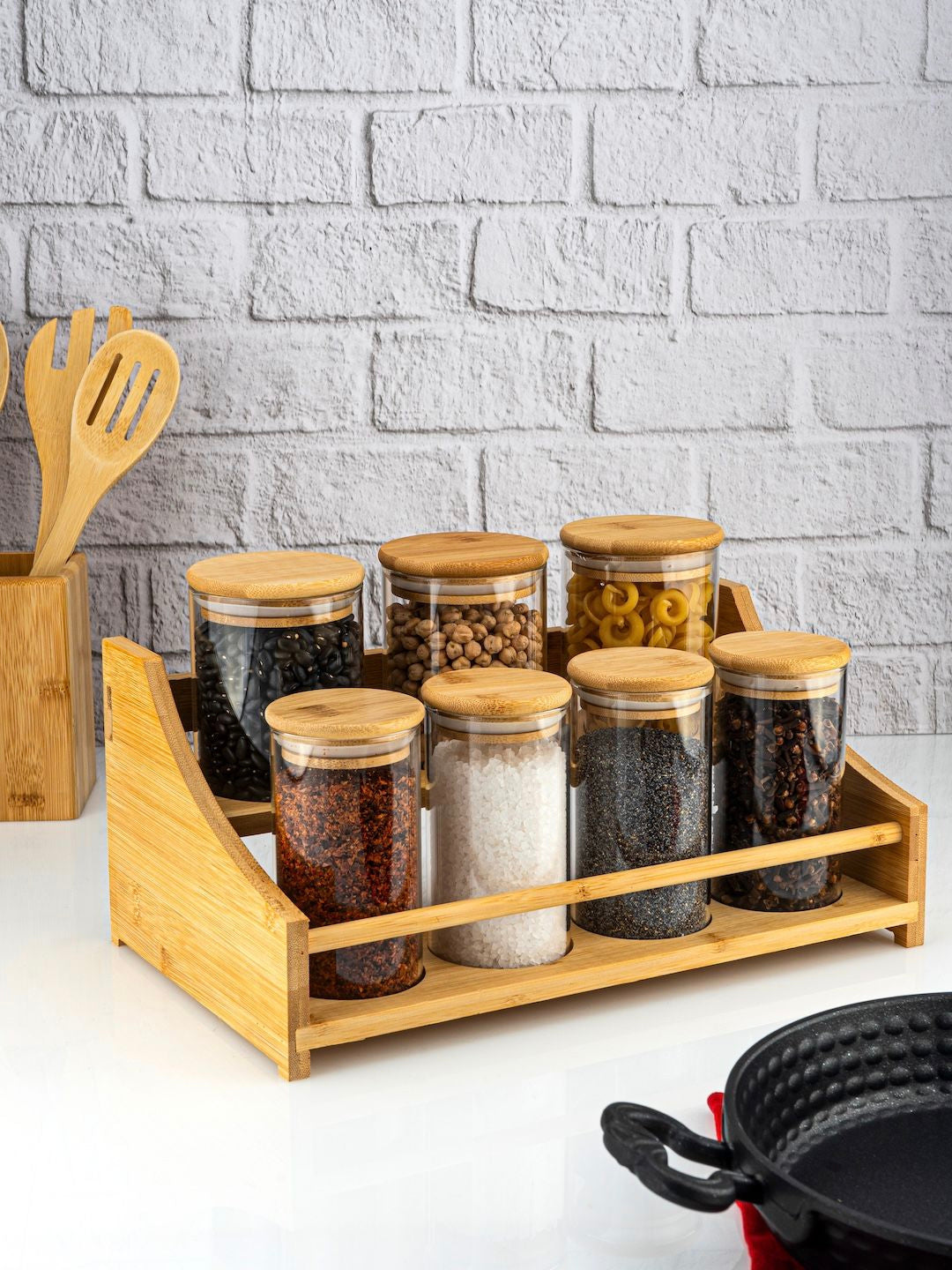 Bamboe kruidenrek met 7 glazen kruidenpotjes