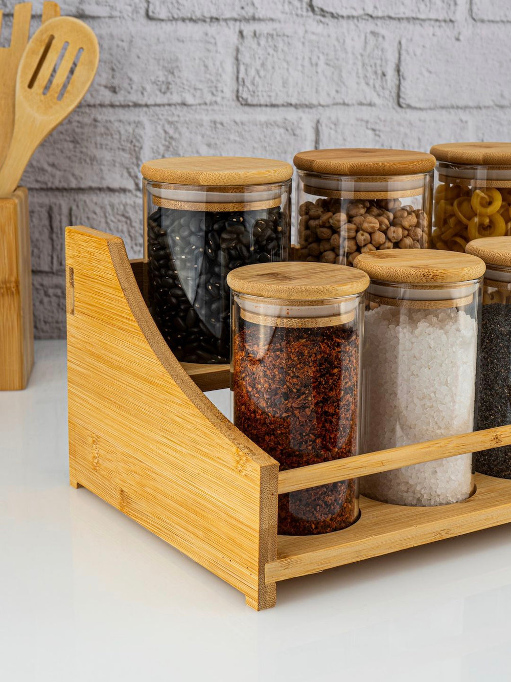 Bamboe kruidenrek met 7 glazen kruidenpotjes