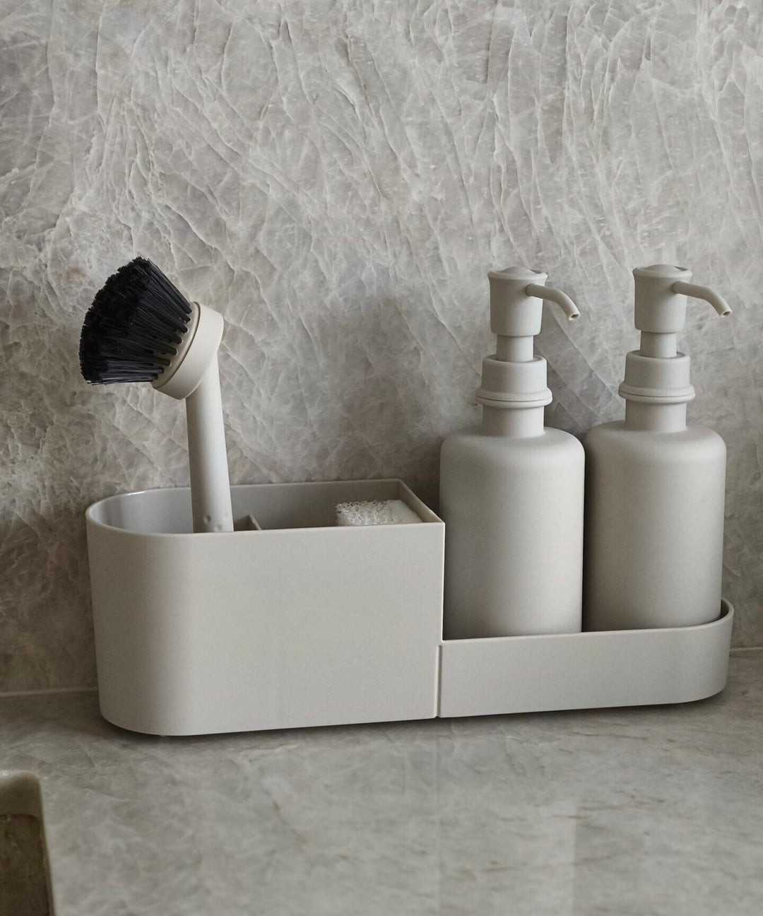 Liam dubbele zeepdispenser set met borstel en houder | Beige