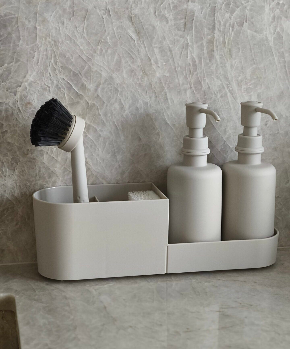 Liam dubbele zeepdispenser set met borstel en houder | Beige