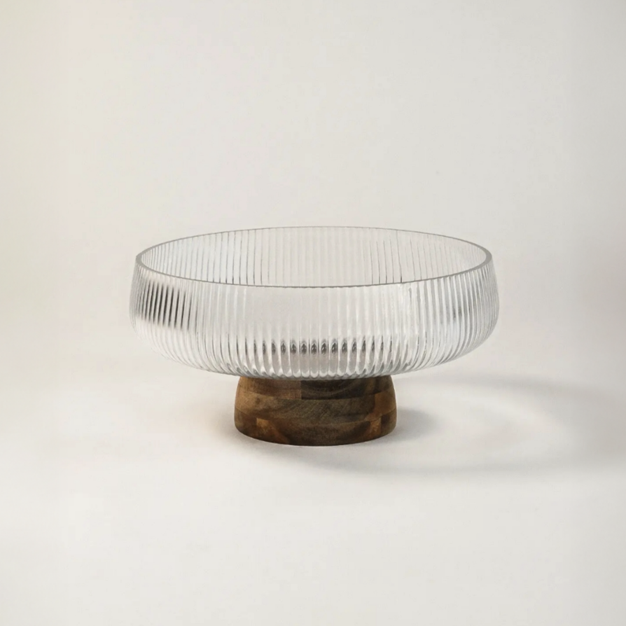 Sfera ripple glazen schaal met acaciahouten voet