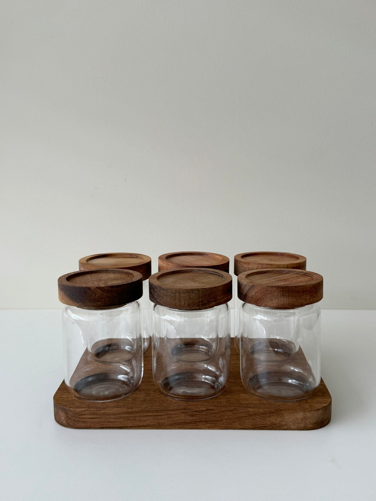 Kruidenpotjes met rechthoekig acacia houten onderstel | set van 6 stuks