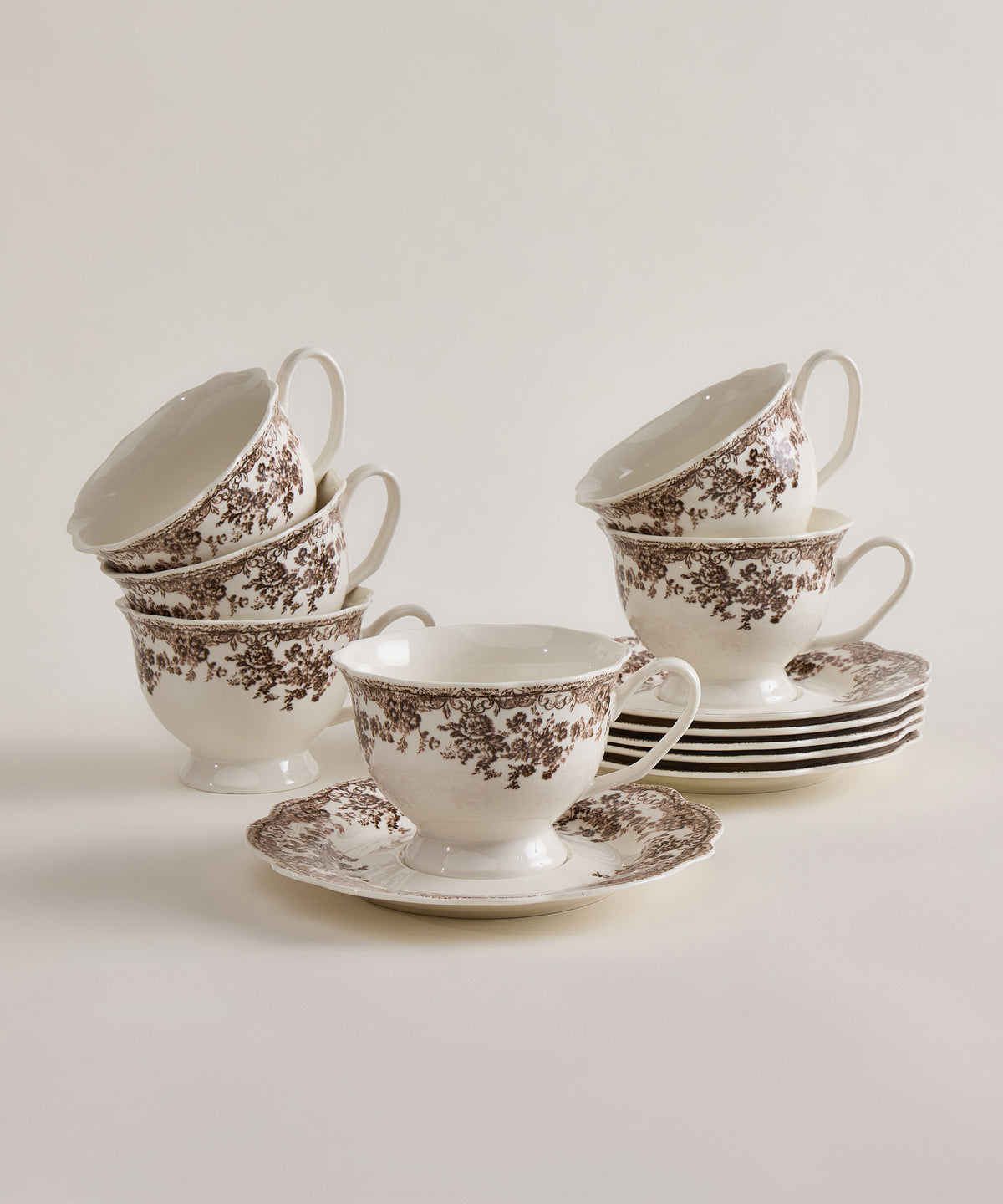 Vintage Porseleinen Koffieset Bruin 12-delig | Bloemendesign