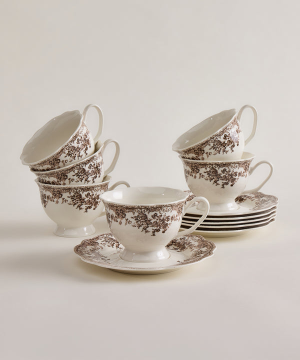 Vintage Porseleinen Koffieset Bruin 12-delig | Bloemendesign