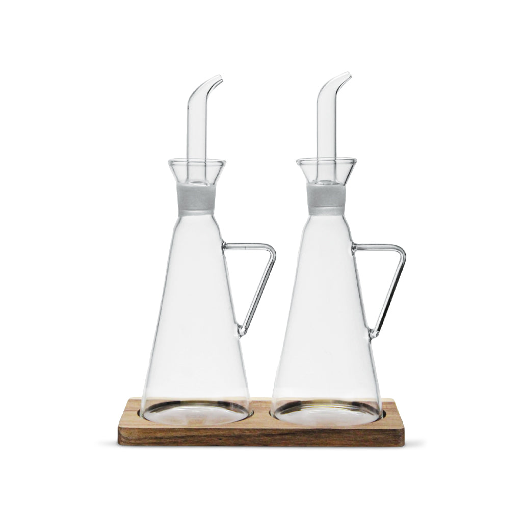 Olie & Azijn Set Glas met Acaciahouten Standaard | 2 × 250 ml 