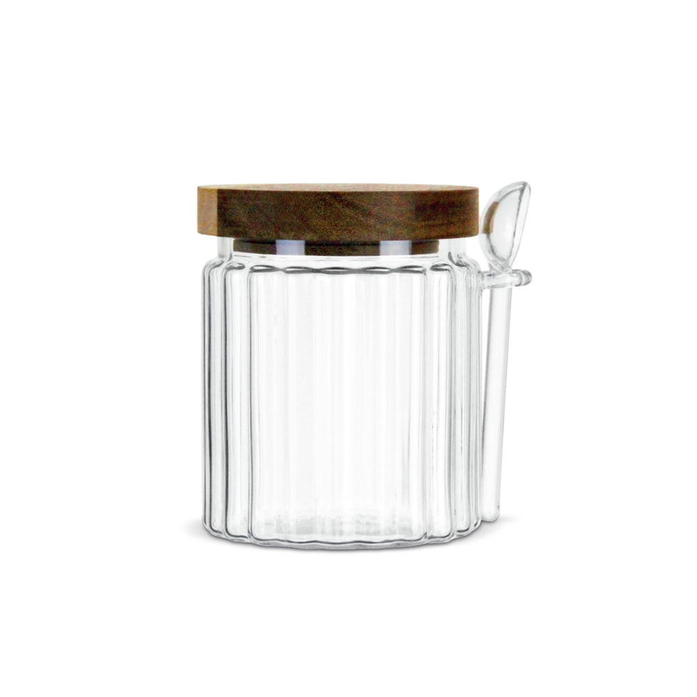 Suikerpot Geribbeld Glas met Acaciahouten Deksel & Lepeltje | 500 ml 