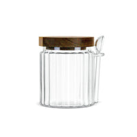 Suikerpot Geribbeld Glas met Acaciahouten Deksel & Lepeltje | 500 ml 