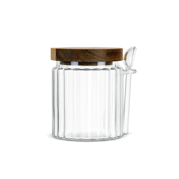 Suikerpot Geribbeld Glas met Acaciahouten Deksel & Lepeltje | 500 ml 