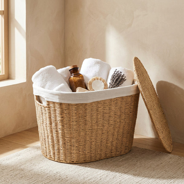 Wasmand met Deksel en Linnen Voering (Groot)