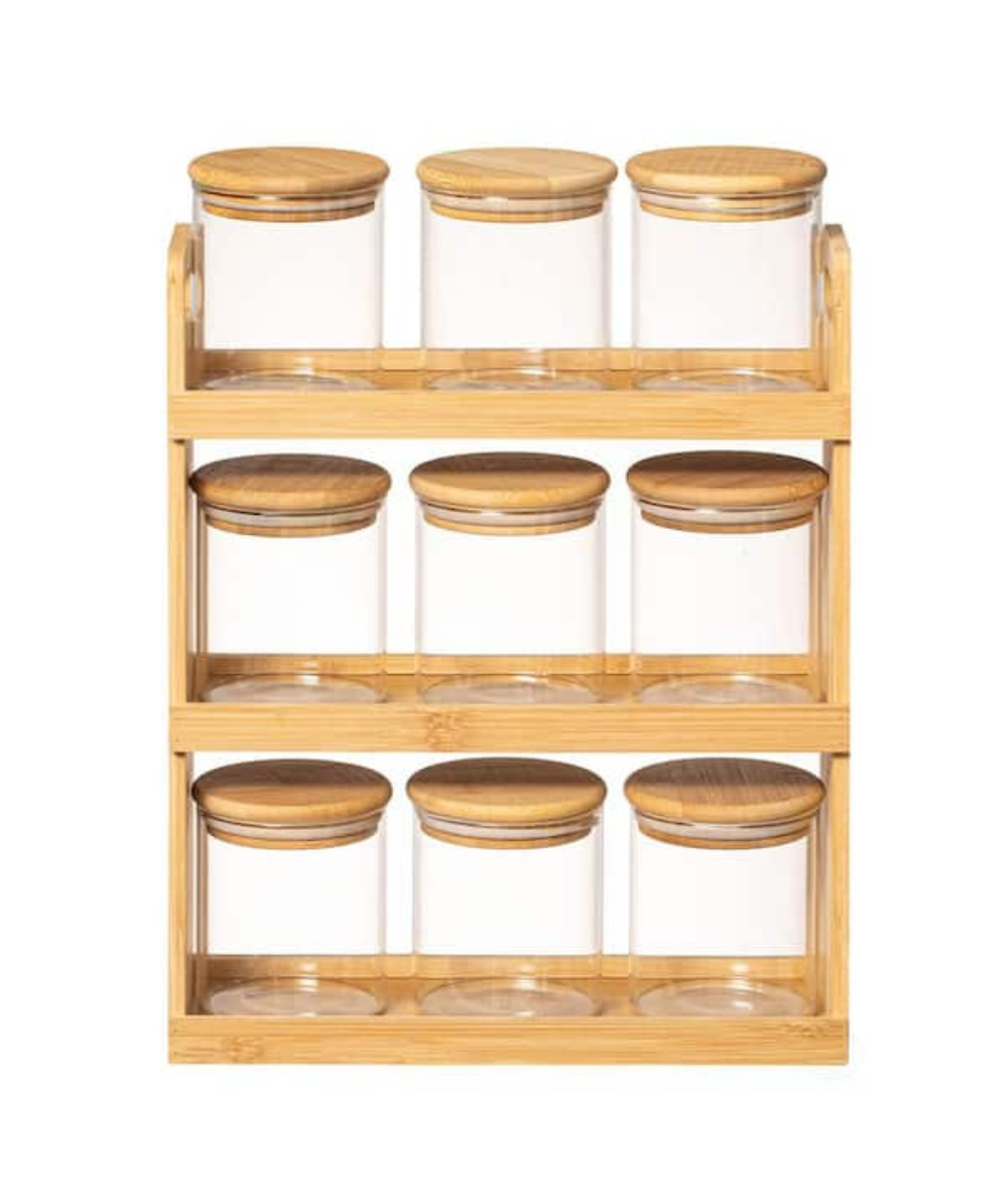 Bamboe kruidenrek met 9 glazen kruidenpotjes