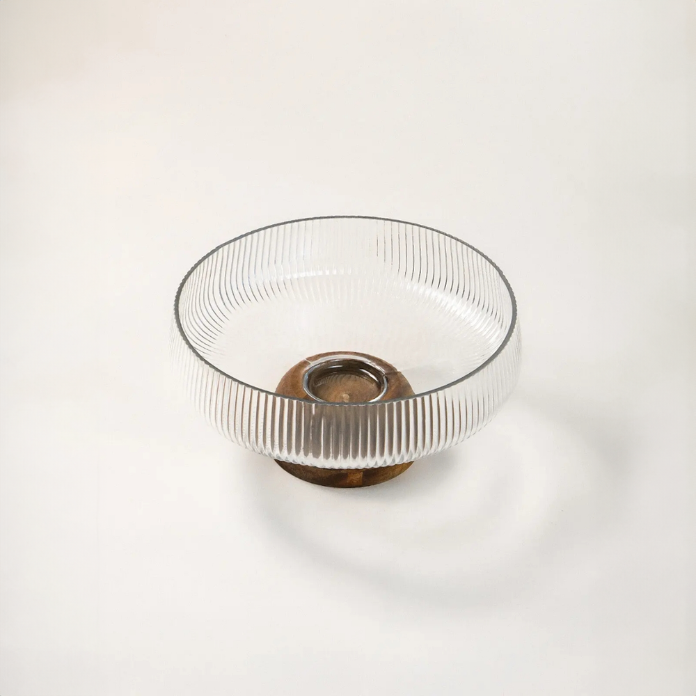 Sfera ripple glazen schaal met acaciahouten voet