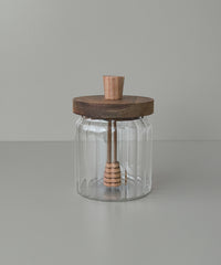 Stripe glazen honingpot met acaciahouten deksel en lepel | 500 ml