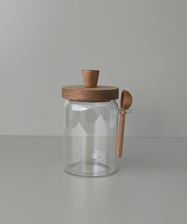 Space glazen voorraadpot met acacia houten deksel en lepel