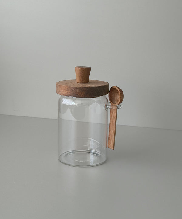Space glazen voorraadpot met acacia houten deksel en lepel