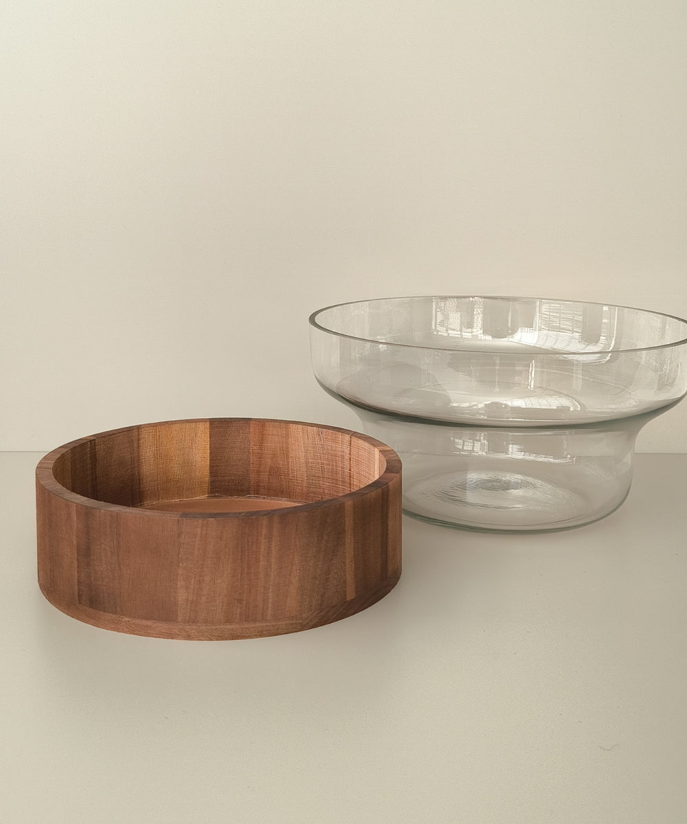 Nuova glazen schaal met acacia houder | 27 cm