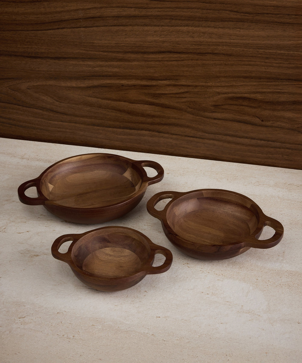 Acacia houten serveerschalen set van 3 – Ø12-15-18 cm – Met handgrepen