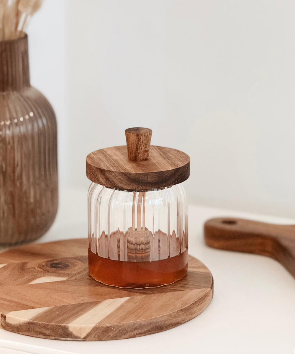 Stripe glazen honingpot met acaciahouten deksel en lepel | 500 ml