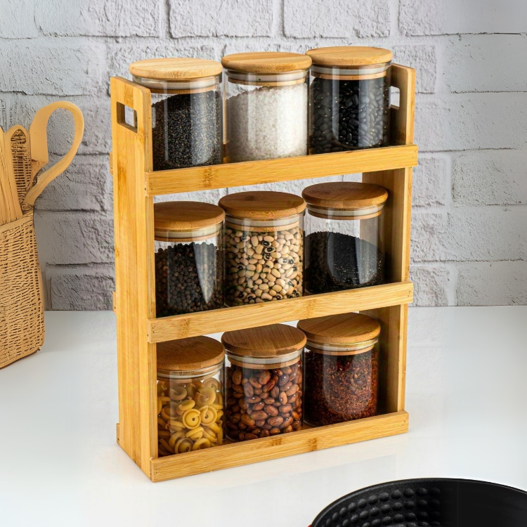 Bamboe kruidenrek met 9 glazen kruidenpotjes