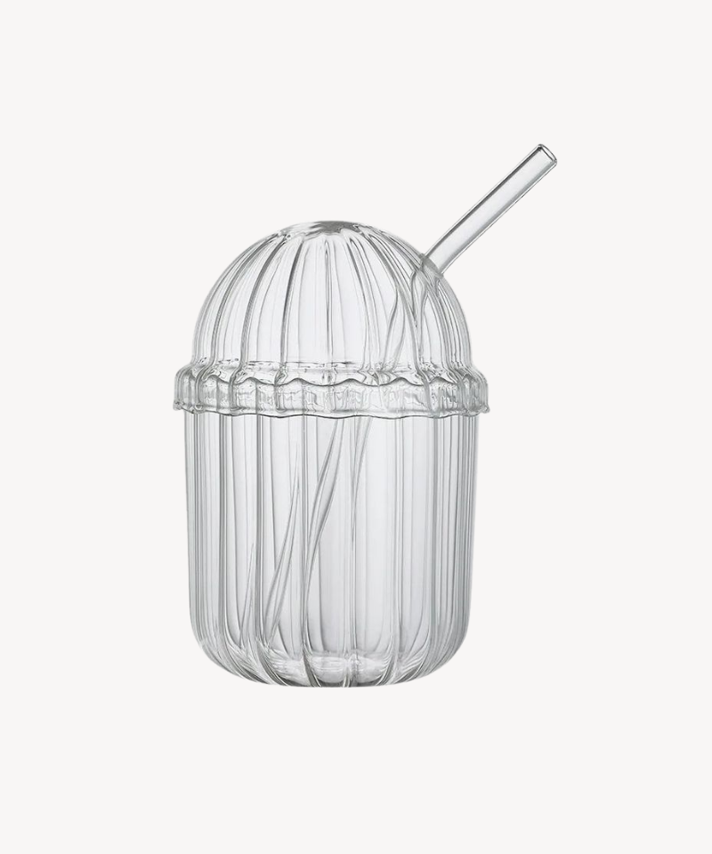 Dome ijskoffieglas met rietje en deksel | 450 ml