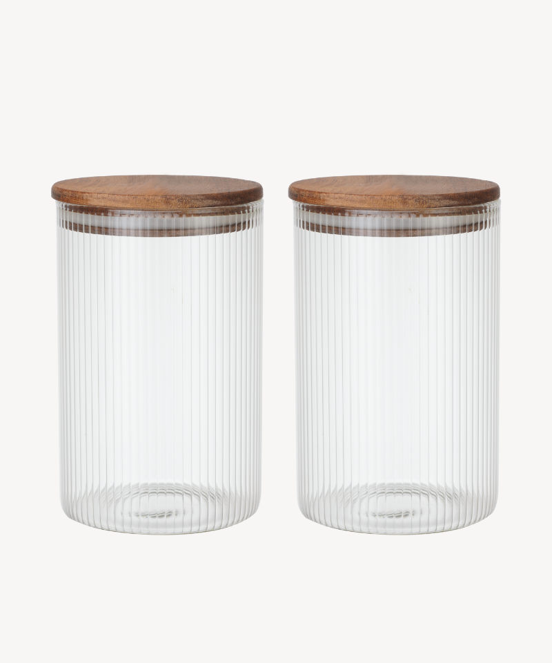 Voorraadpot Stripe met acaciadeksel | 2 stuks | 1000 ml