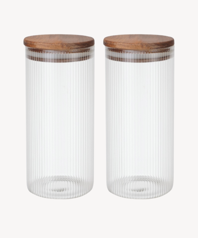 Voorraadpot Stripe met acaciadeksel | 2 stuks | 1500 ml
