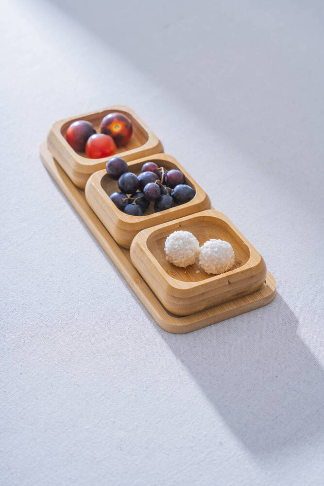 Bamboe dienblad met 3 schaaltjes | Vierkant