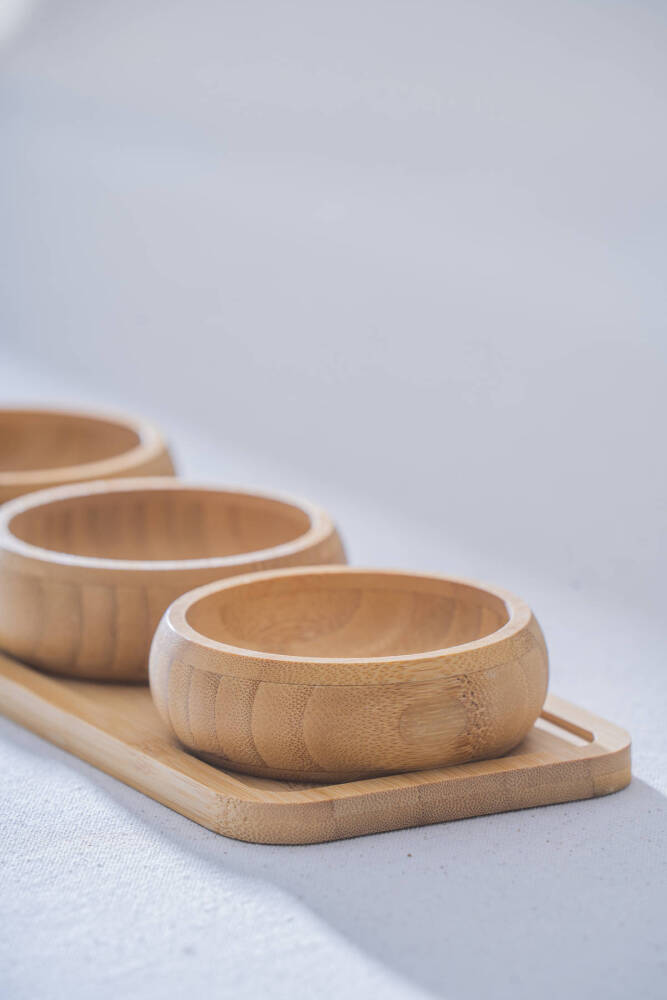 Bamboe dienblad met 3 schaaltjes | Rond