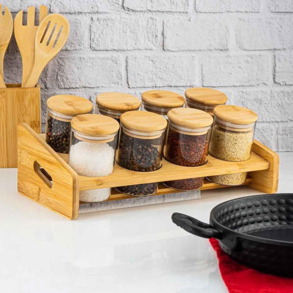 Bamboe kruidenrek met 8 glazen kruidenpotjes