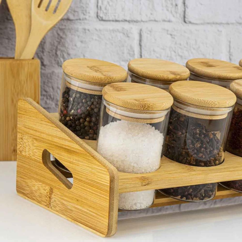 Bamboe kruidenrek met 8 glazen kruidenpotjes