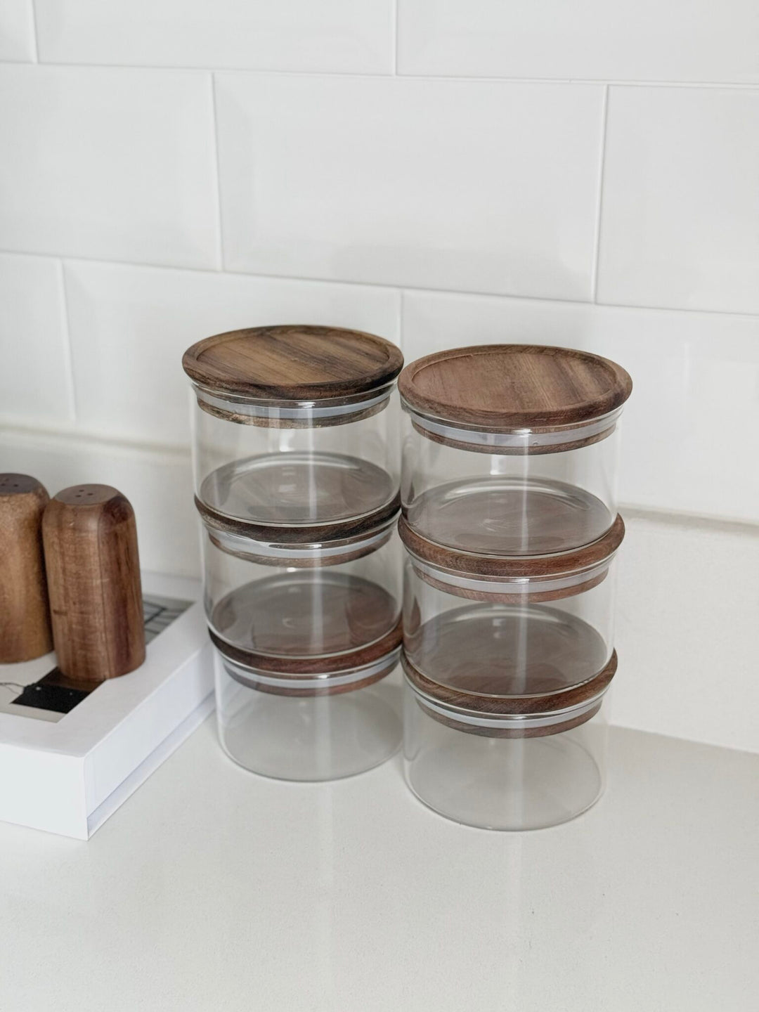 Voorraadpot met acaciahouten deksel | Rond | 6 stuks | 300 ml