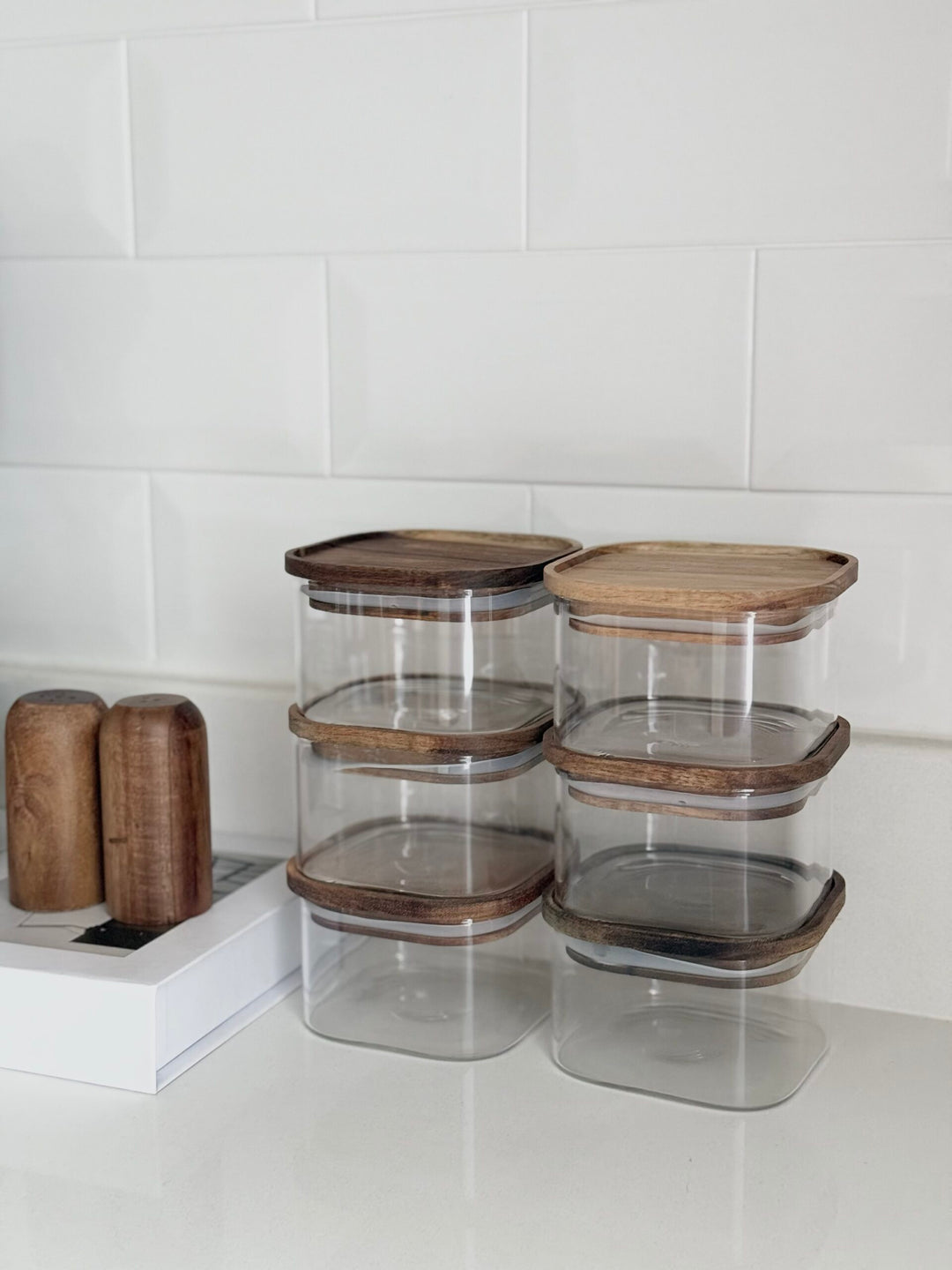 Voorraadpot met acaciahouten deksel | vierkant | 6 stuks | 350 ml
