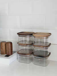 Voorraadpot met acaciahouten deksel | vierkant | 6 stuks | 350 ml