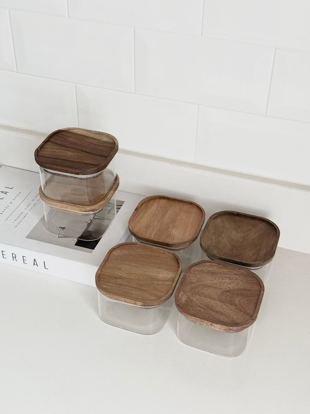 Voorraadpot met acaciahouten deksel | vierkant | 6 stuks | 350 ml