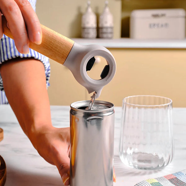 Karaca x Refika Gadgets 3-in-1 Flesopener met Houten Steel, Grijs