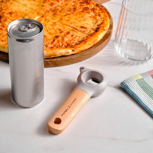 Karaca x Refika Gadgets 3-in-1 Flesopener met Houten Steel, Grijs