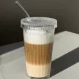 Ripple glazen beker met deksel + rietje | 375 ml