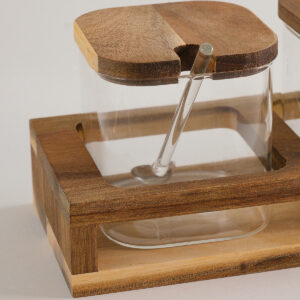 Acacia kruidenpotten set met lepels en houder | 3 stuks