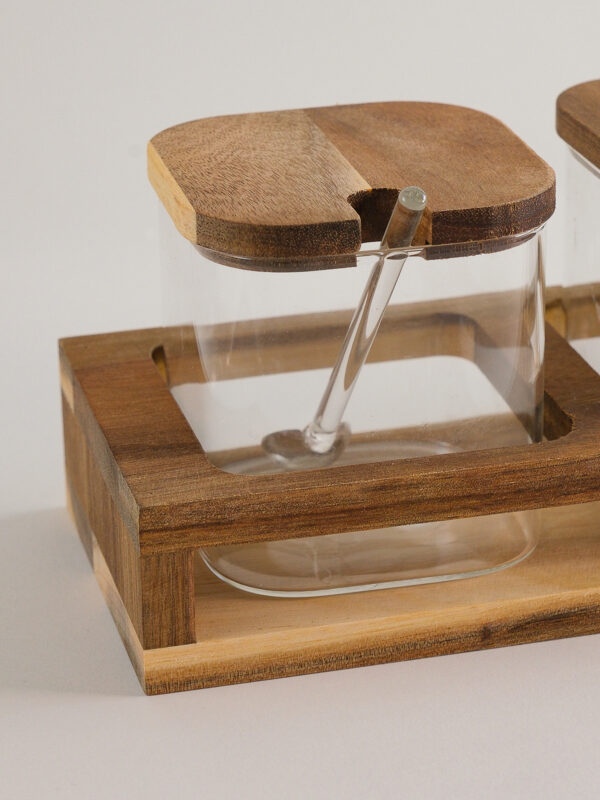 Acacia kruidenpotten set met lepels en houder | 3 stuks