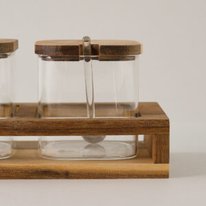 Acacia kruidenpotten set met lepels en houder | 3 stuks