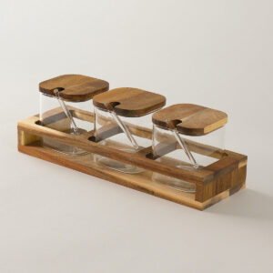 Acacia kruidenpotten set met lepels en houder | 3 stuks