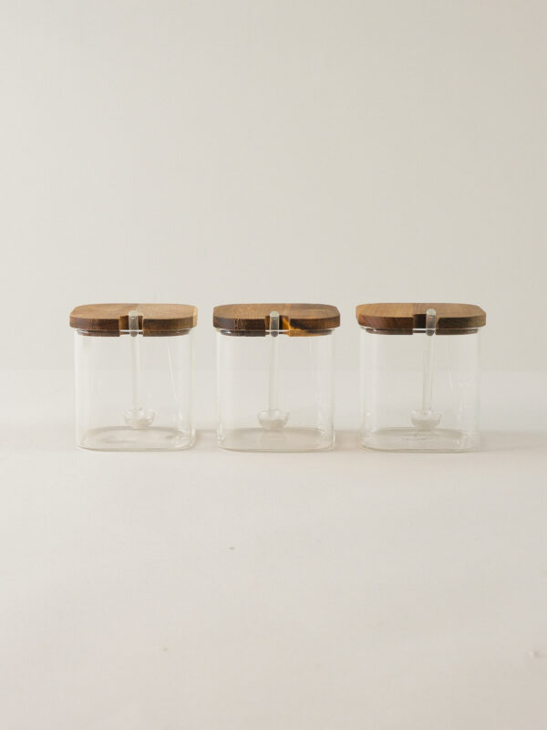 Acacia kruidenpotten set met lepels en houder | 3 stuks