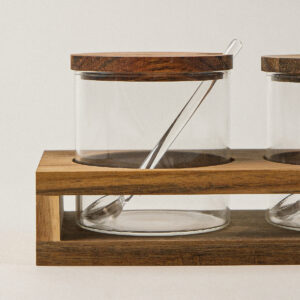 Acacia kruidenpotten set met lepels en houder | rond | 3 stuks