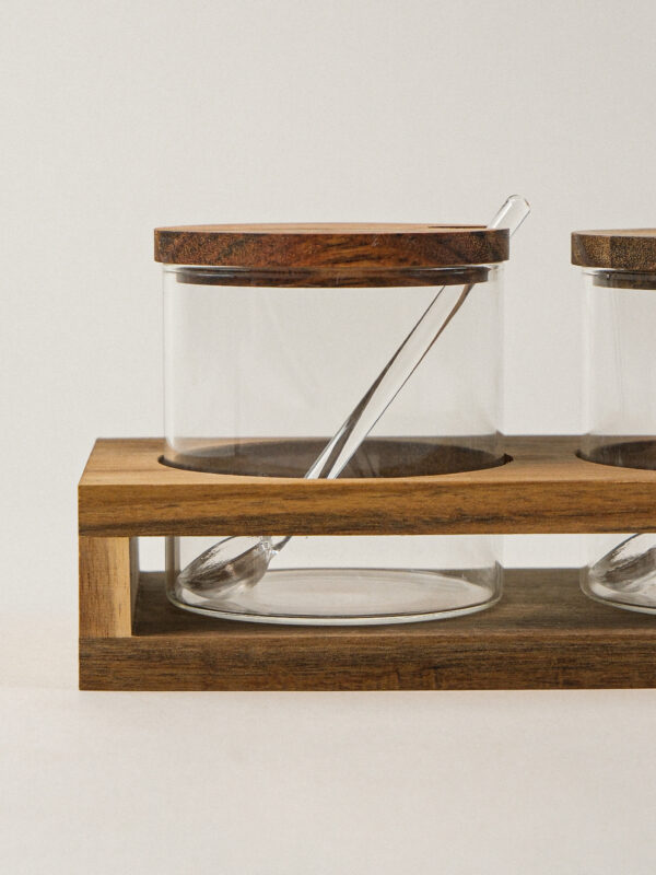 Acacia kruidenpotten set met lepels en houder | rond | 3 stuks