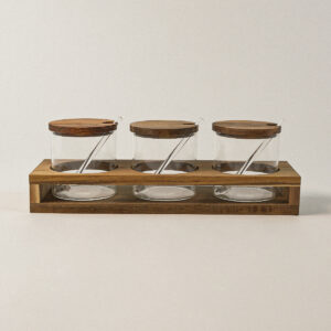 Acacia kruidenpotten set met lepels en houder | rond | 3 stuks