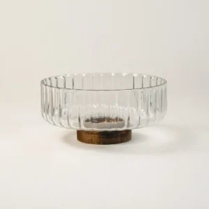 Wave glazen schaal op acacia houten voet | 20,5 cm