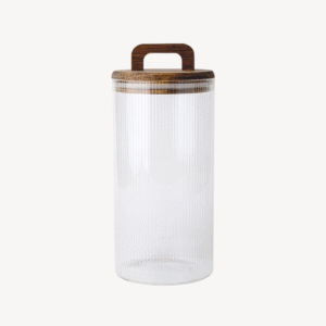 Voorraadpot gestreept met acacia houten deksel | 1200 cc