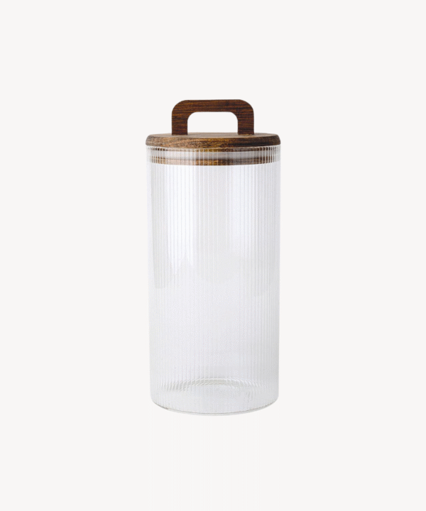 Voorraadpot gestreept met acacia houten deksel | 1200 cc
