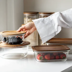 Glazen vershoudbakje met acaciahouten deksel rond | 1300 ml