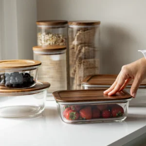 Glazen vershoudbakje met acaciahouten deksel rechthoekig | 1050 ml