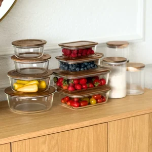 Glazen vershoudbakjes met acaciahouten deksel voordeelset  | 8-delig